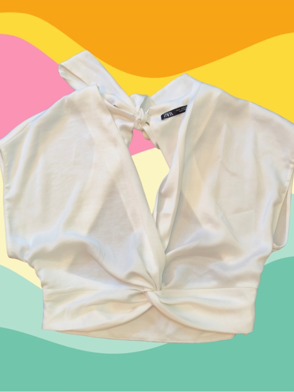 Zara Knotted Satin Effect Crop Top in White